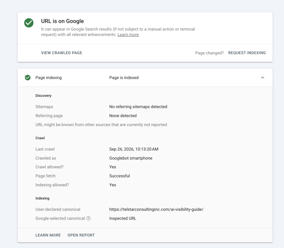 Search Console URL Inspection for the guide's second new address, showing the first crawl at 10:13 AM on September 26, 2026.